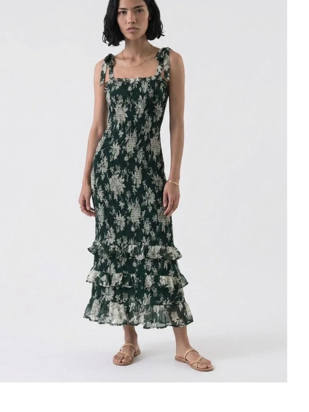 Abercrombie & FitchDark Green Floral Tie-Shoulder Ruffle Maxi Dress